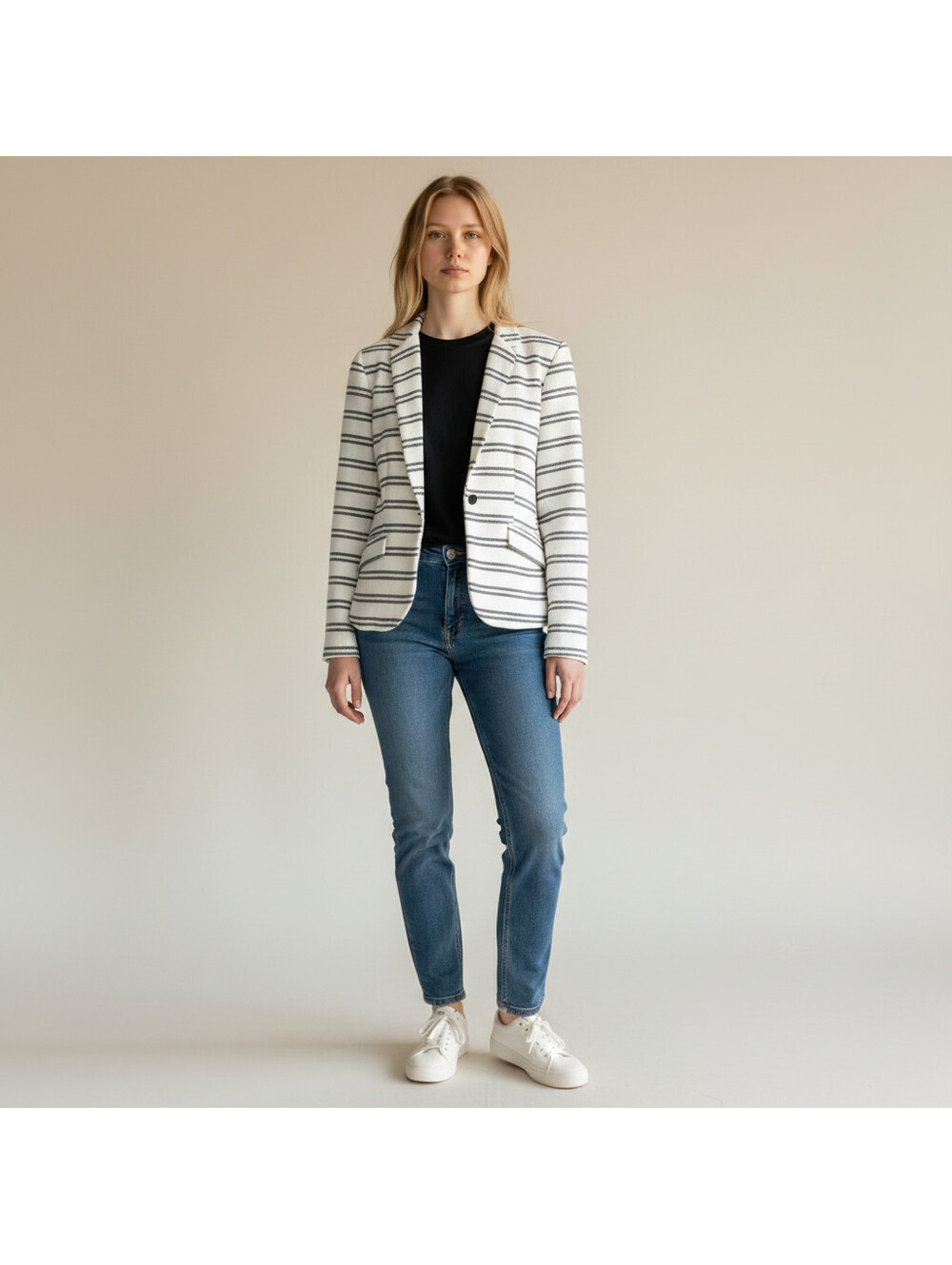 Kenar Blazer Women M Medium White Striped One Button Long Sleeve Lined Career